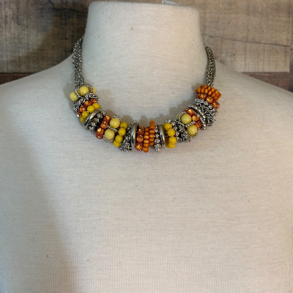 Yellow Orange Beaded Statement Necklace and Earring Set Silver Tone